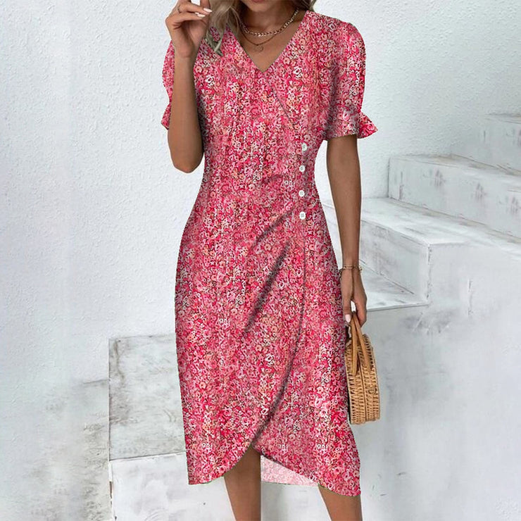 Naturlux® - Kleines rosa rotes Rosendruck Wickelkleid mit V-Ausschnitt Mini Dres
