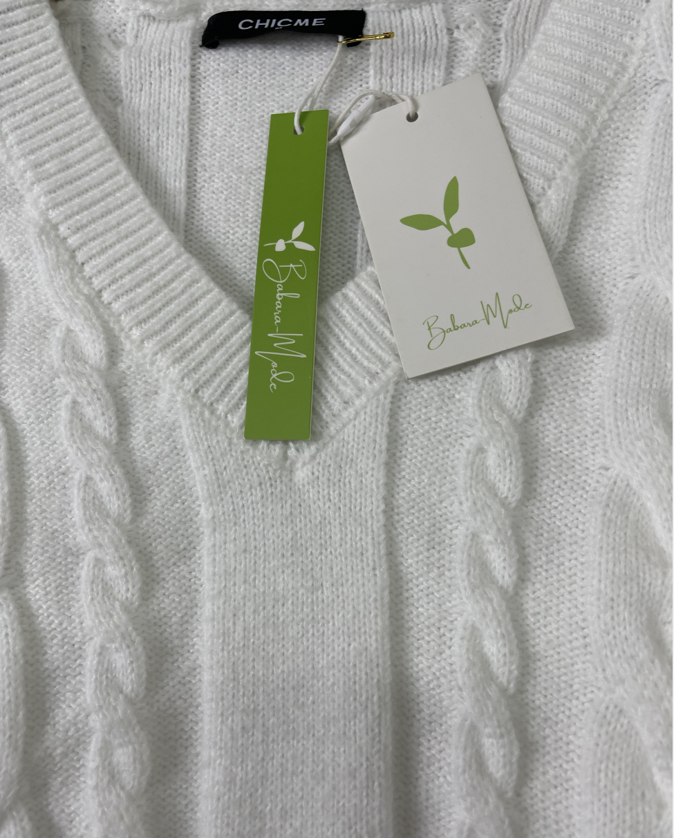 HerbstTrend® - Weißer einfarbiger Pullover mit V-Ausschnitt und langen Ärmeln