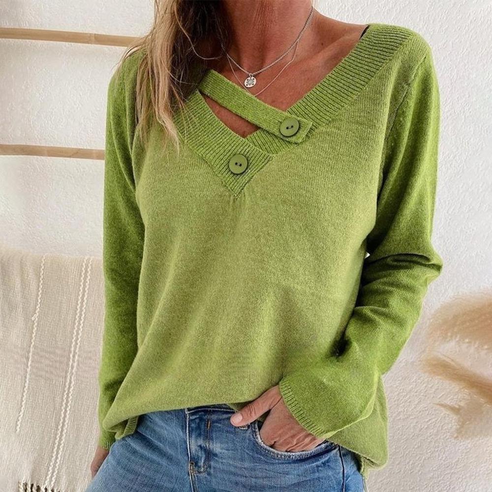 HerbstTrend® - Grüner einfarbiger Pullover mit V-Ausschnitt