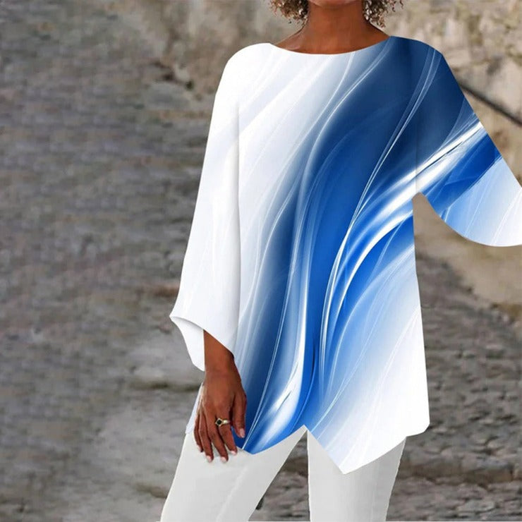FallStil® - Ultra-Mod Blaue Welle Weißes Tunika-Oberteil