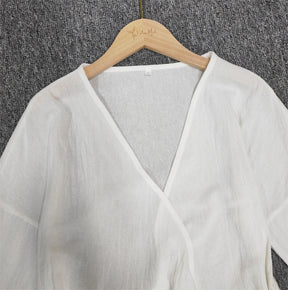 PureWear® - Weißes langärmeliges Krawatten-Seitenwickel-Sommer-Minikleid