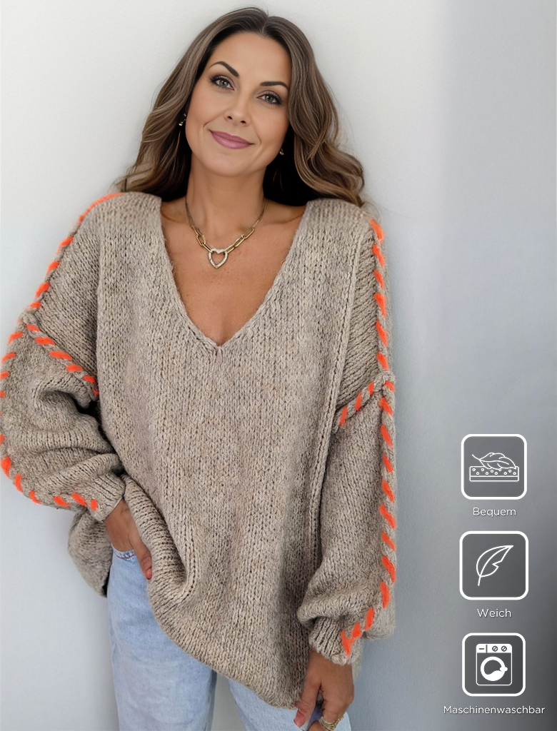 HerbstTrend® - Langärmeliger Pullover mit V-Ausschnitt und Baggy-Print