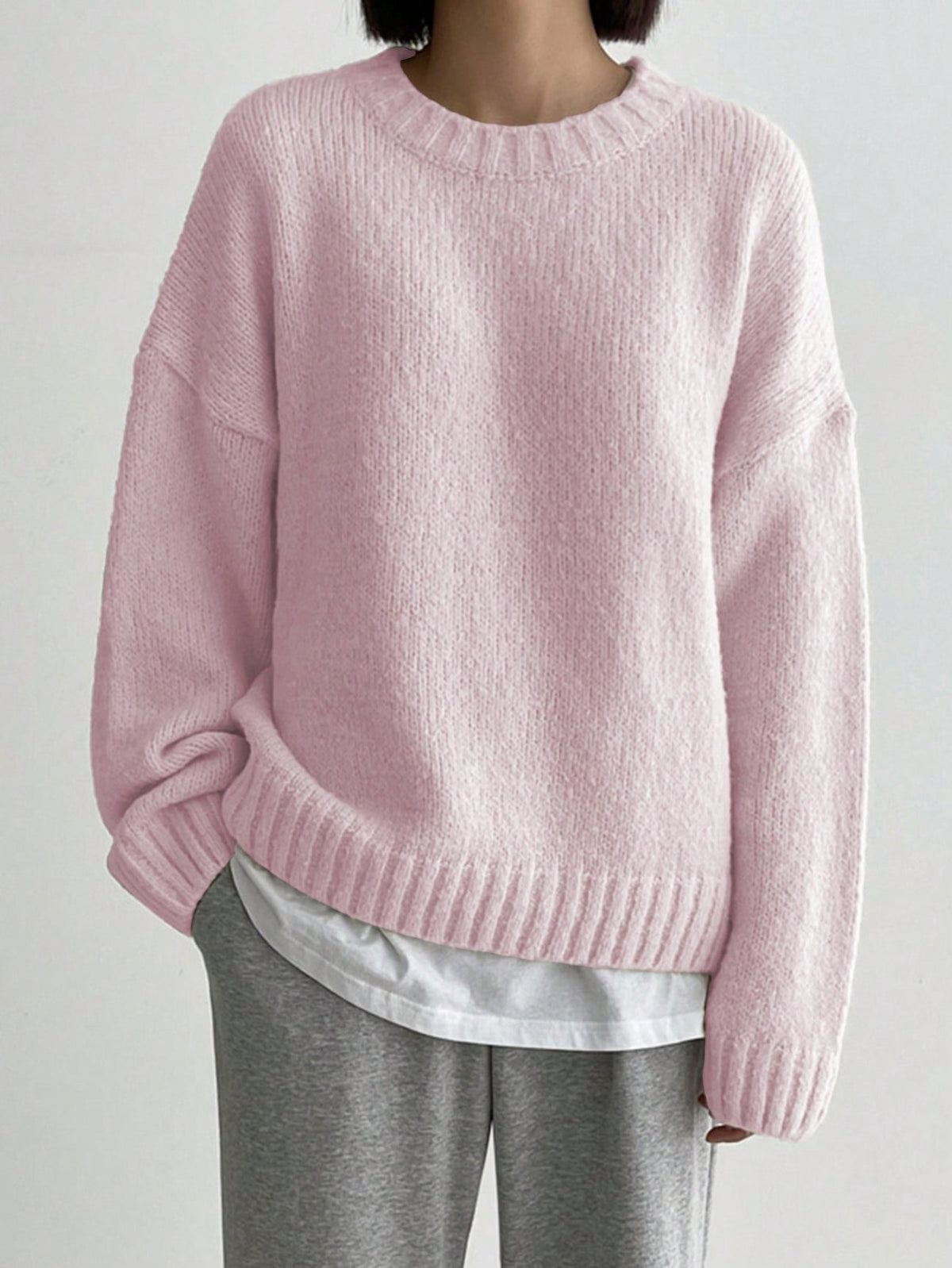 WinterTrend® - Rosa einfarbiger Pullover mit langen Ärmeln und Rundhalsausschnitt