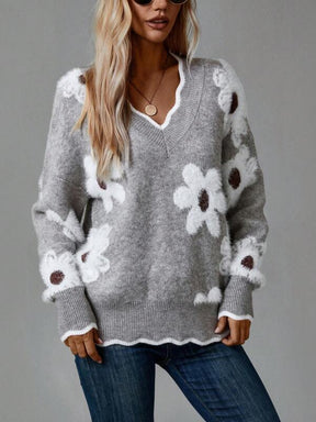 HerbstTrend® - Grauer Pullover mit V-Ausschnitt und Blumenmuster