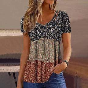 FallStil® - Hippie-Streifen Mini-Blumenprint Kurzarm-Top