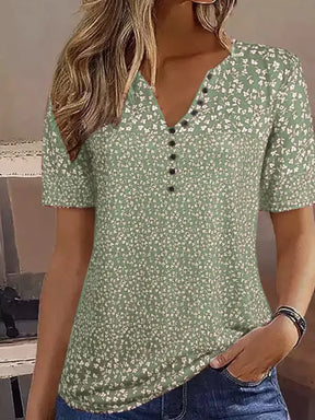 BlütenBliss® - Grün Weiß Floral Print Notch Neck Knopfleiste Shirt