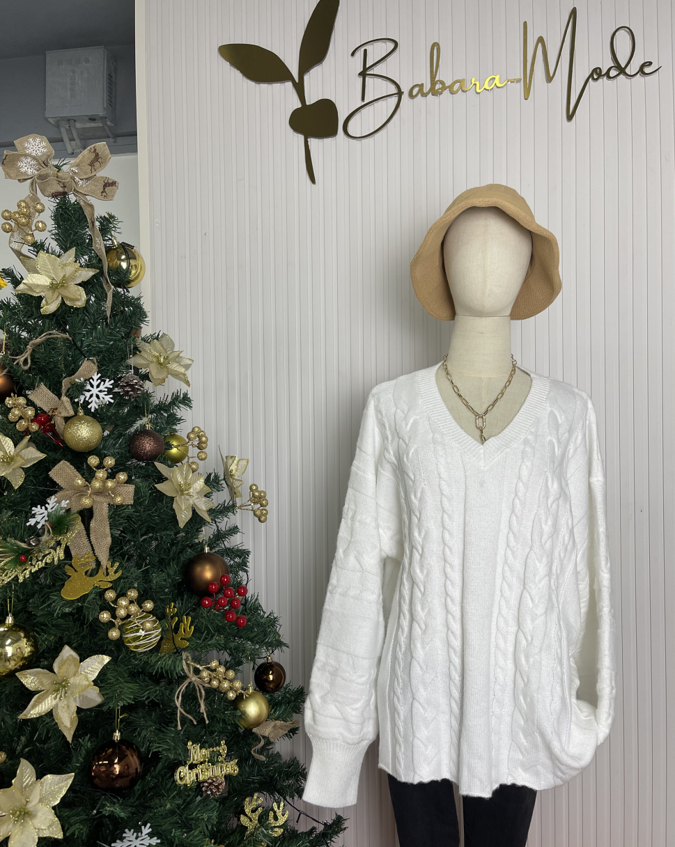 HerbstTrend® - Weißer einfarbiger Pullover mit V-Ausschnitt und langen Ärmeln