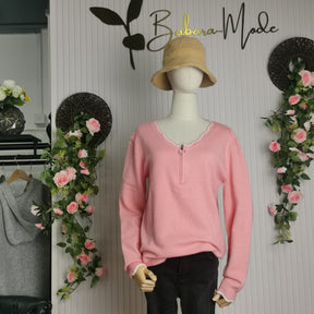 HerbstTrend® - Süßer einfarbiger rosa Pullover mit V-Ausschnitt