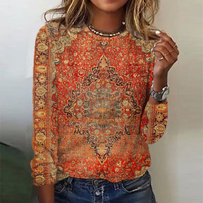 FallStil® - Gelb-Orange Vintage Print Langarm-Top