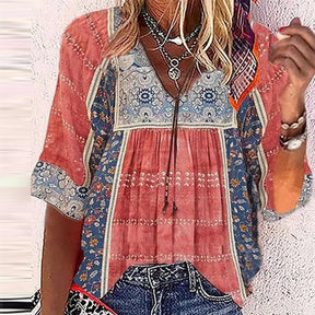 BlütenBliss® - Boho Chic Buntes Prairie Top mit halben Ärmeln