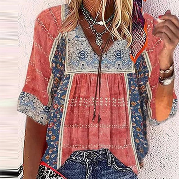 BlütenBliss® - Boho Chic Buntes Prairie Top mit halben Ärmeln