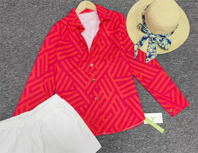 FallStil® - Rosa und orangefarbene Bluse mit Zick-Zack-Streifen und Knopfleiste