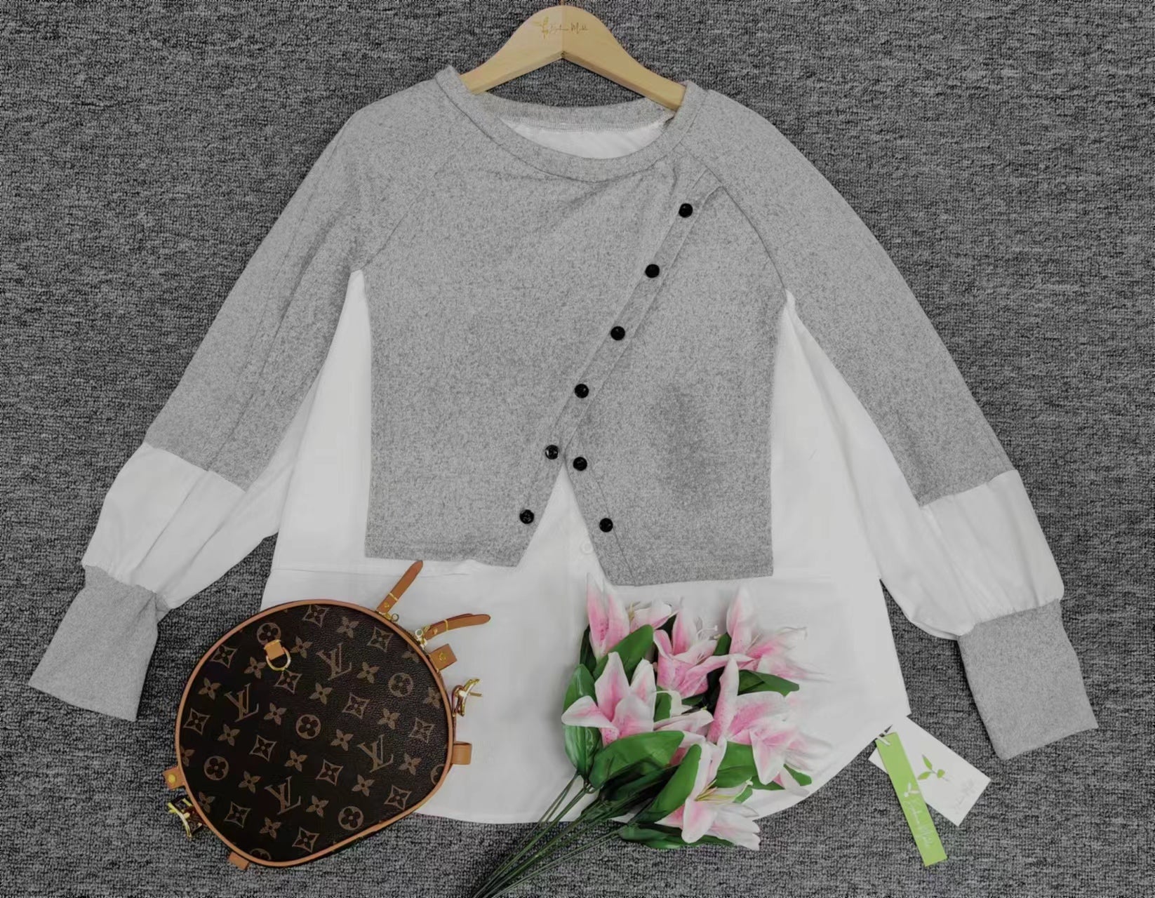 SpringStil® - Graue Strickbluse Weiß Twofer Pullover