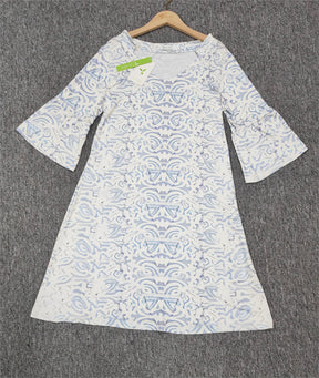 SpringStil® - Verwittertes blaues weißes Vintage Print Minikleid mit halben Ärmeln