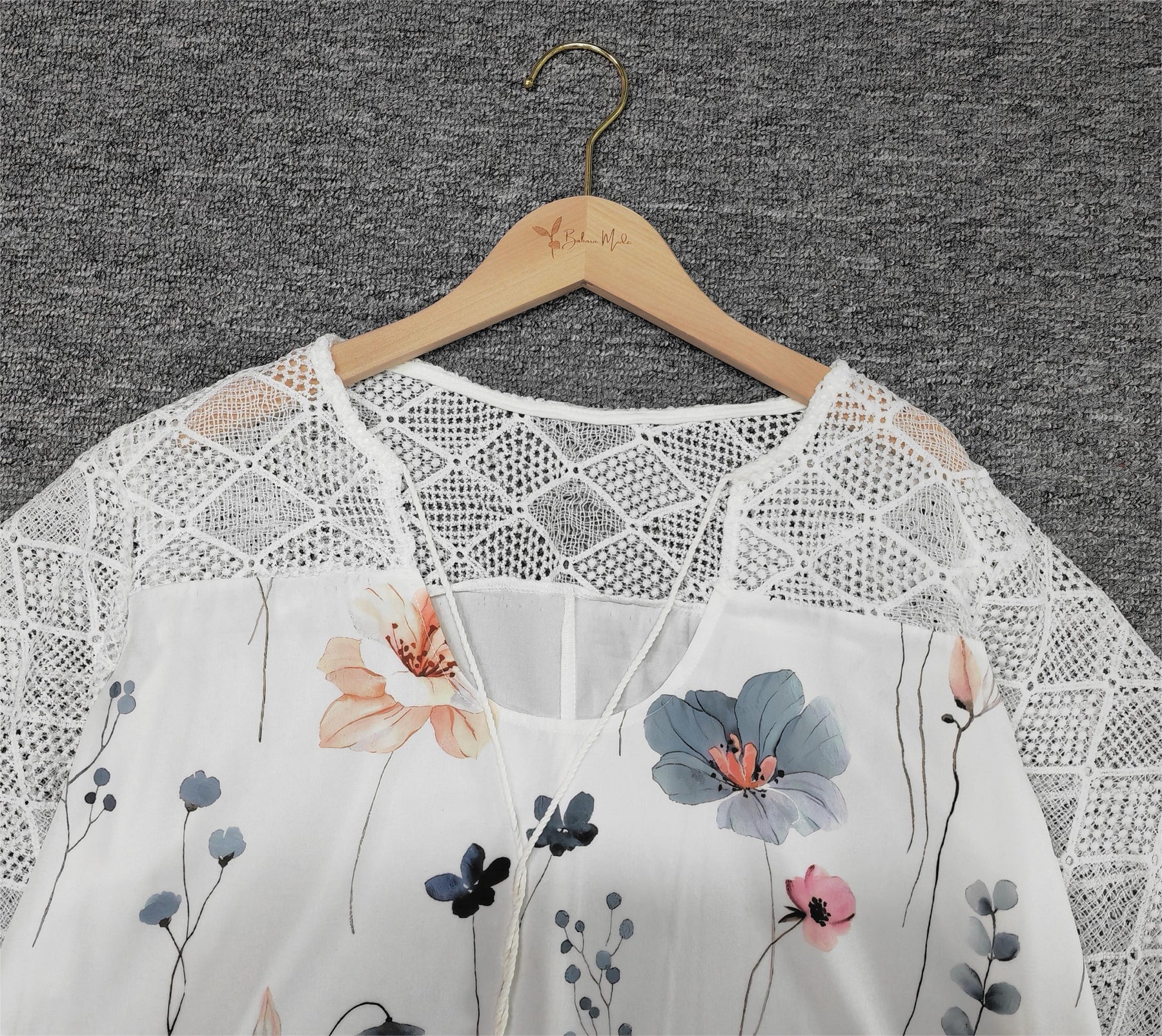 SpringStil® - Geospitze Mesh Floral Print Weiß ¾ Ärmel Top