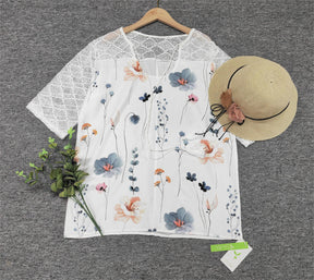 SpringStil® - Geospitze Mesh Floral Print Weiß ¾ Ärmel Top