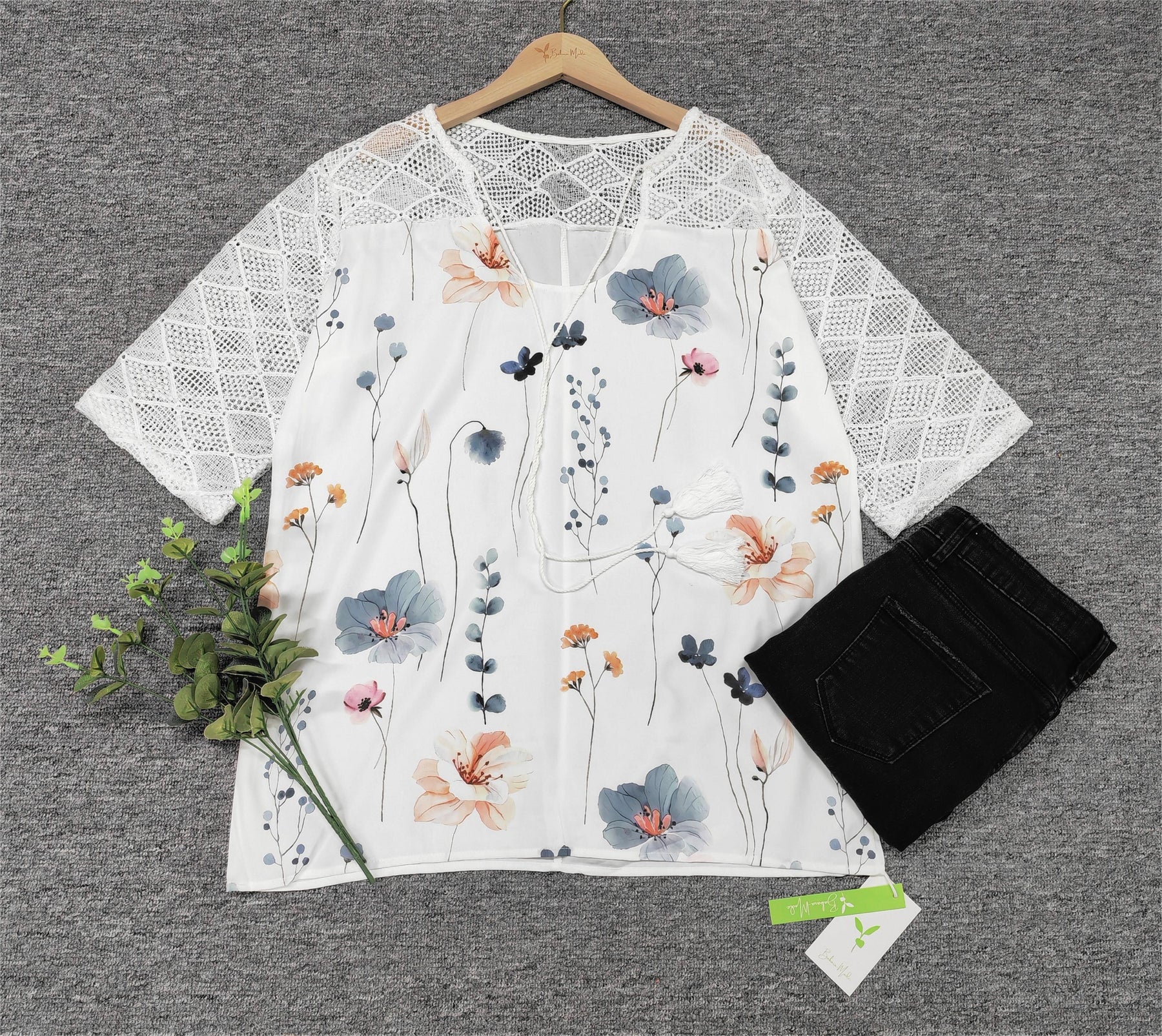 SpringStil® - Geospitze Mesh Floral Print Weiß ¾ Ärmel Top