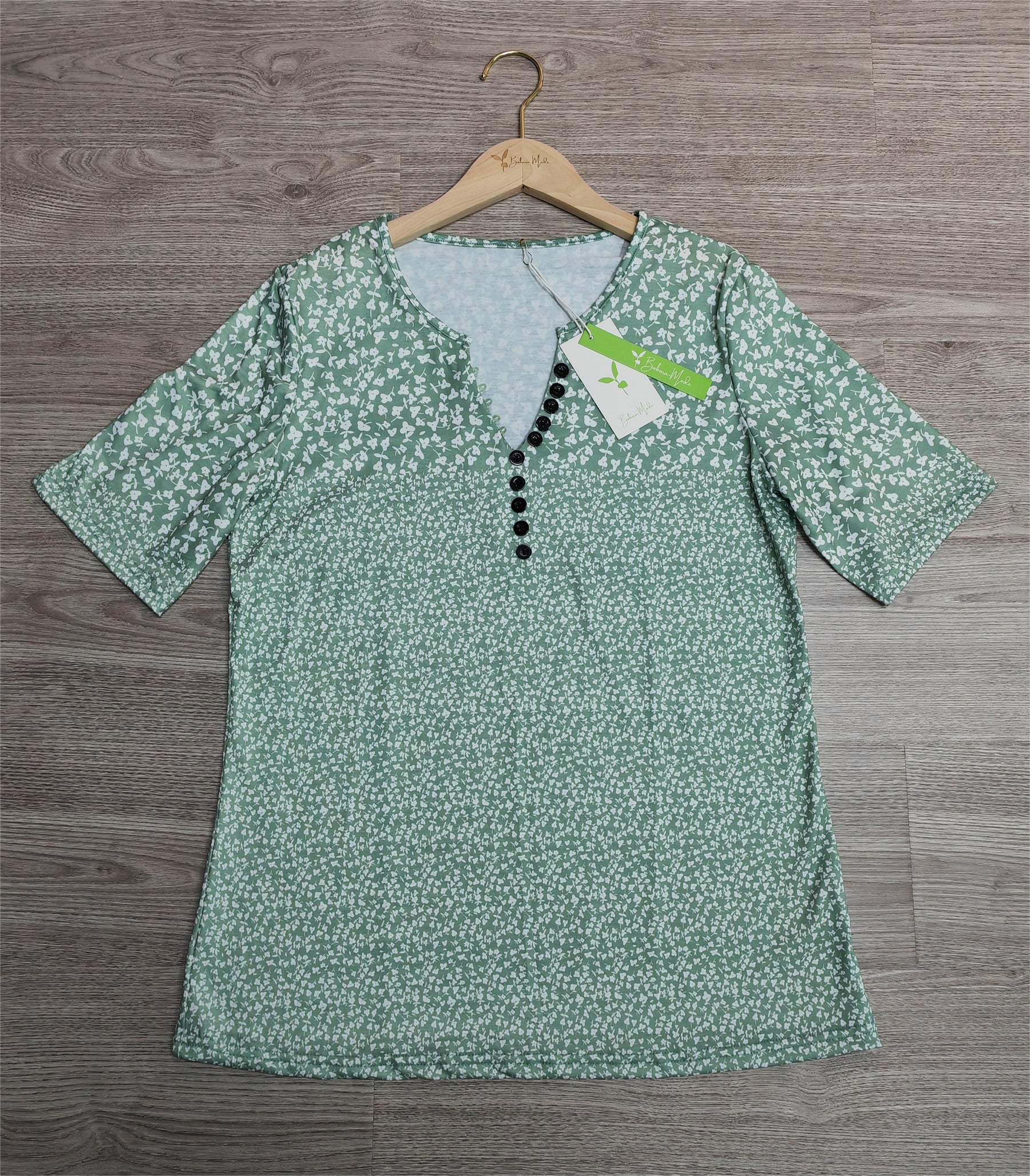 BlütenBliss® - Grün Weiß Floral Print Notch Neck Knopfleiste Shirt