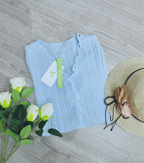 Purewear®- Blaue Bluse mit halbem Ärmel und V-Ausschnitt