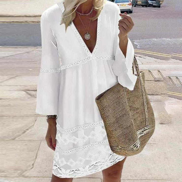 Naturlux® - Frisches weißes langärmeliges Minikleid mit V-Ausschnitt und Ösen