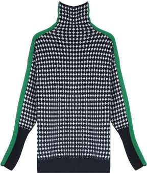 Even&Vil® - Grün gestreifter Pullover mit schwarzem und weißem Rautenmuster
