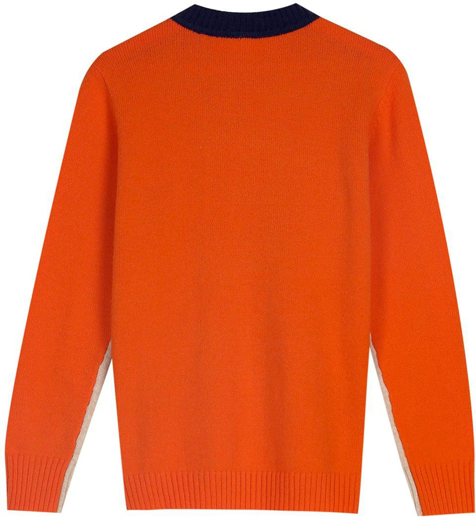 FallStil® - Marineblauer und orangefarbener Pullover mit Retro-Streifen