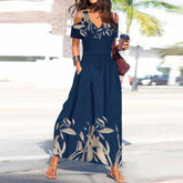 SpringStil® - Kobaltblaues Sommer-Maxi-Kleid mit plissiertem V-Ausschnitt und kalten Schultern