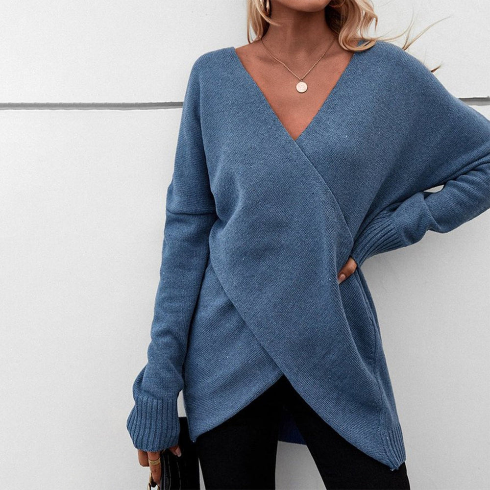 Santvarius® - Blauer einfarbiger Pullover mit langen Ärmeln