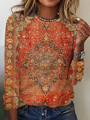 FallStil® - Gelb-Orange Vintage Print Langarm-Top