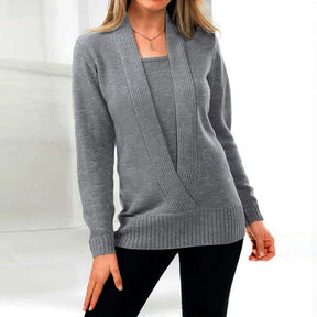 WinterTrend® - Grauer langärmeliger Pullover mit V-Ausschnitt Twofer