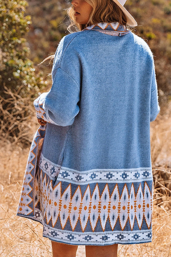 Naturlux® - Vzyzv Damen Pullover Blau Aztekenmuster vorne offen gestrickt Cardigan