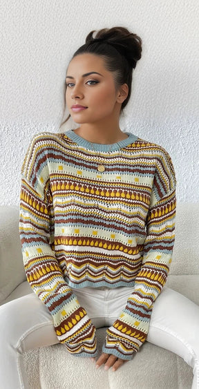 Wiedervereinigung® - Pullover mit Ösenstrick mit Ethnodruck