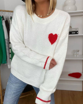 FallStil® - Roter Herz Pullover mit langen Ärmeln in Weiß