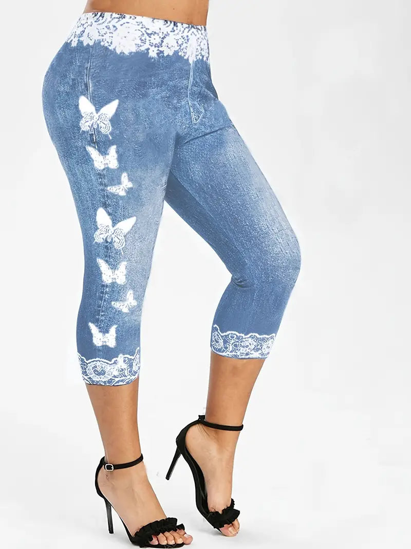 BioBlüte® -  Blaue Denim-Spitze Schmetterling Capri-Jeans