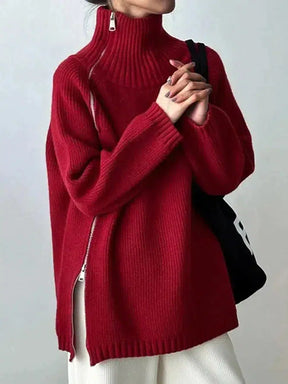 HerbstTrend® - Roter einfarbiger Pullover mit hohem Ausschnitt