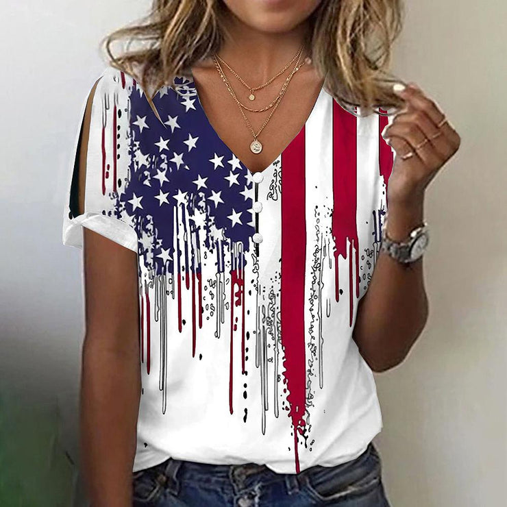 BlütenBliss® - USA Flagge Getropft Geteilte Ärmel Weißes T-Shirt