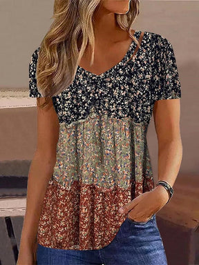 FallStil® - Hippie-Streifen Mini-Blumenprint Kurzarm-Top