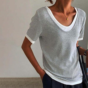 FallStil® - Twofer Layered Gray & White Rundkragen Top