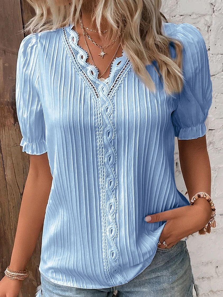Purewear®- Blaue Bluse mit halbem Ärmel und V-Ausschnitt