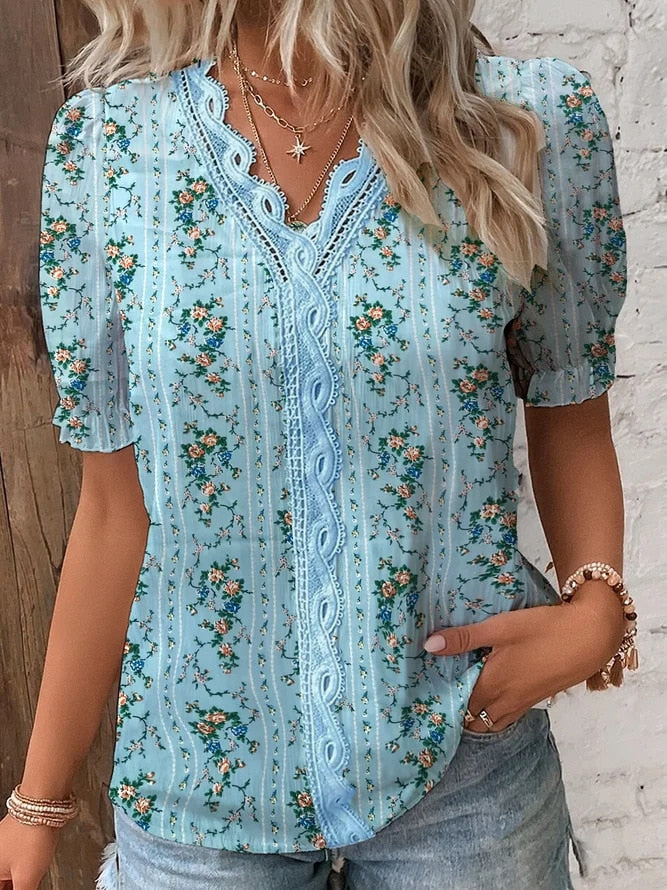 Purewear®- Lässiges Hemd mit V-Ausschnitt und halben Ärmeln mit Blumenmuster in Blau