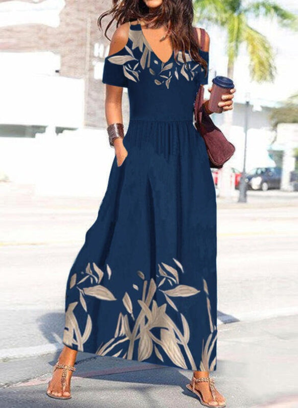 Purewear®- Kobaltblaues Sommer-Maxi-Kleid mit plissiertem V-Ausschnitt und kalten Schultern