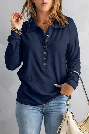 FallStil® - Marineblaues langärmeliges Henley-Top mit Knopfleiste