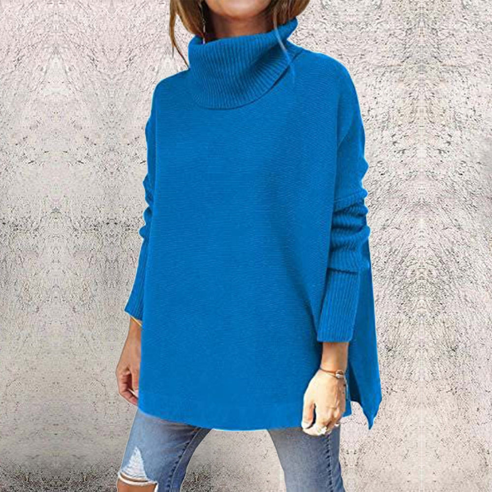 WinterStil® - Blauer einfarbiger Pullover mit hohem Ausschnitt