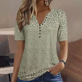 BlütenBliss® - Grün Weiß Floral Print Notch Neck Knopfleiste Shirt