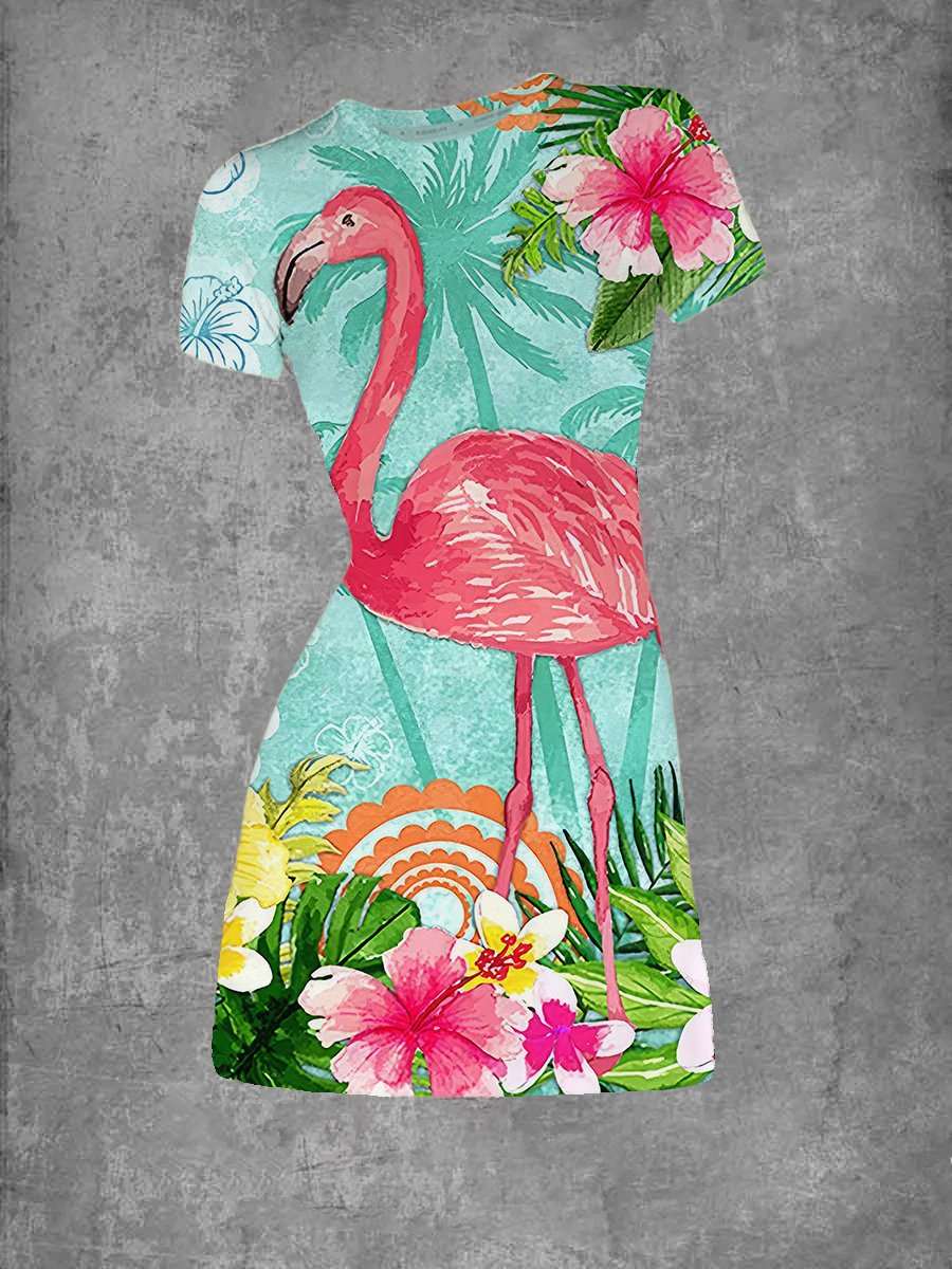 EcoExotica® - Frauen Flamingo Druck Rundhalsausschnitt tshirt Kleid