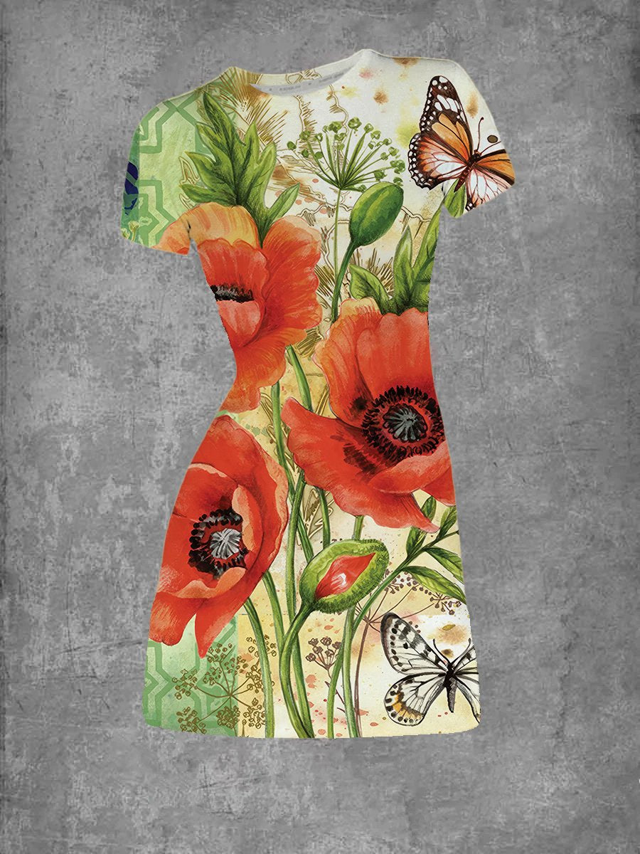 EcoExotica® - Women's poppie delight T-Shirt-Kleid mit Blumenmuster und Rundhalsausschnitt