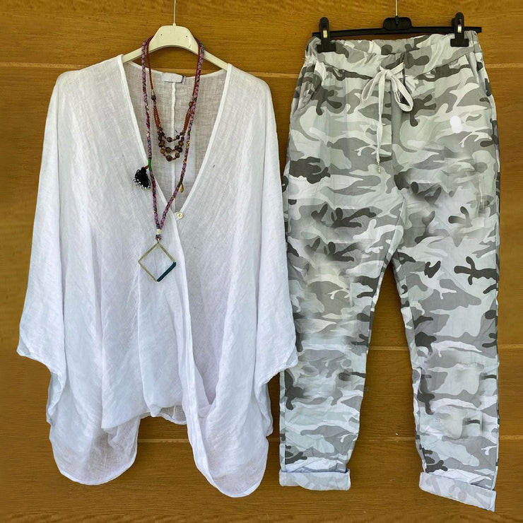 FallStil® - Grüne Camouflage-Hose mit Kordelzug und Bündchen Weiße Tunika 2-teiliges Set